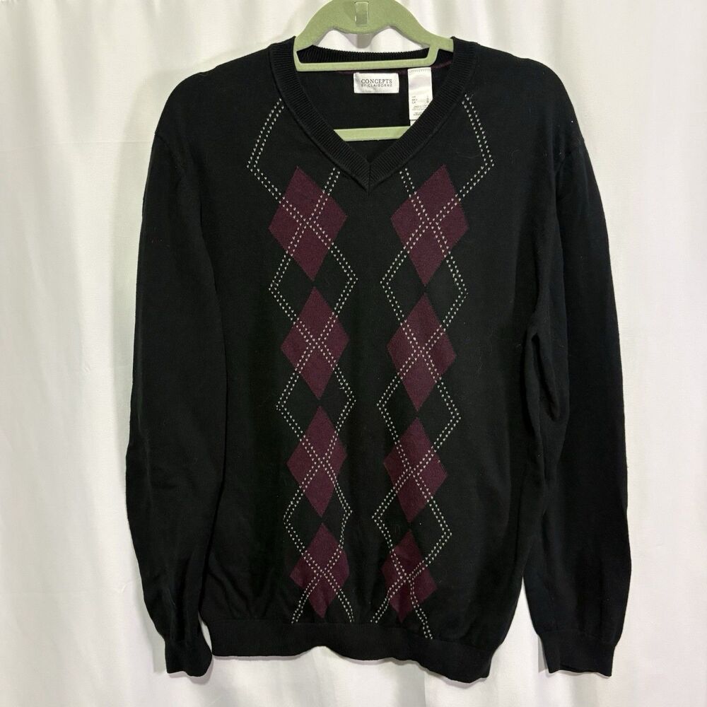 Claiborne Argyle Sweater Mens L Black Burgundy V-Neck Pullover Classic Casual